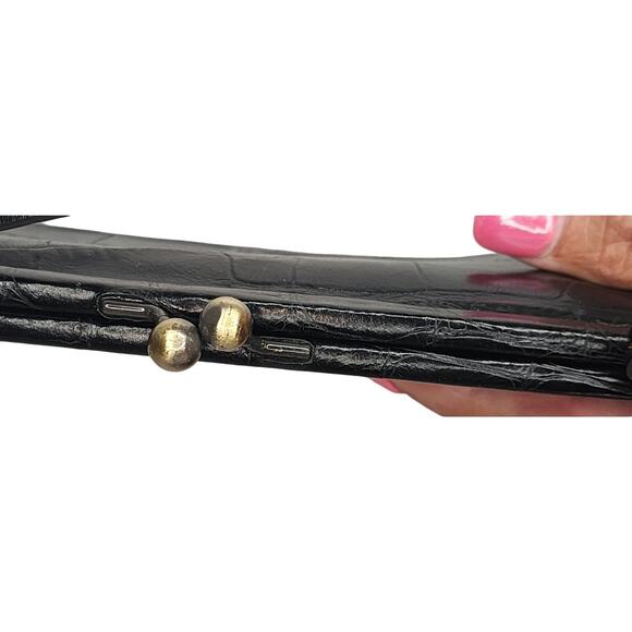 Vintage Nicole Miller Black Leather Mini Bag Crocodile Embossed Kiss Lock Retro - Picture 3 of 6